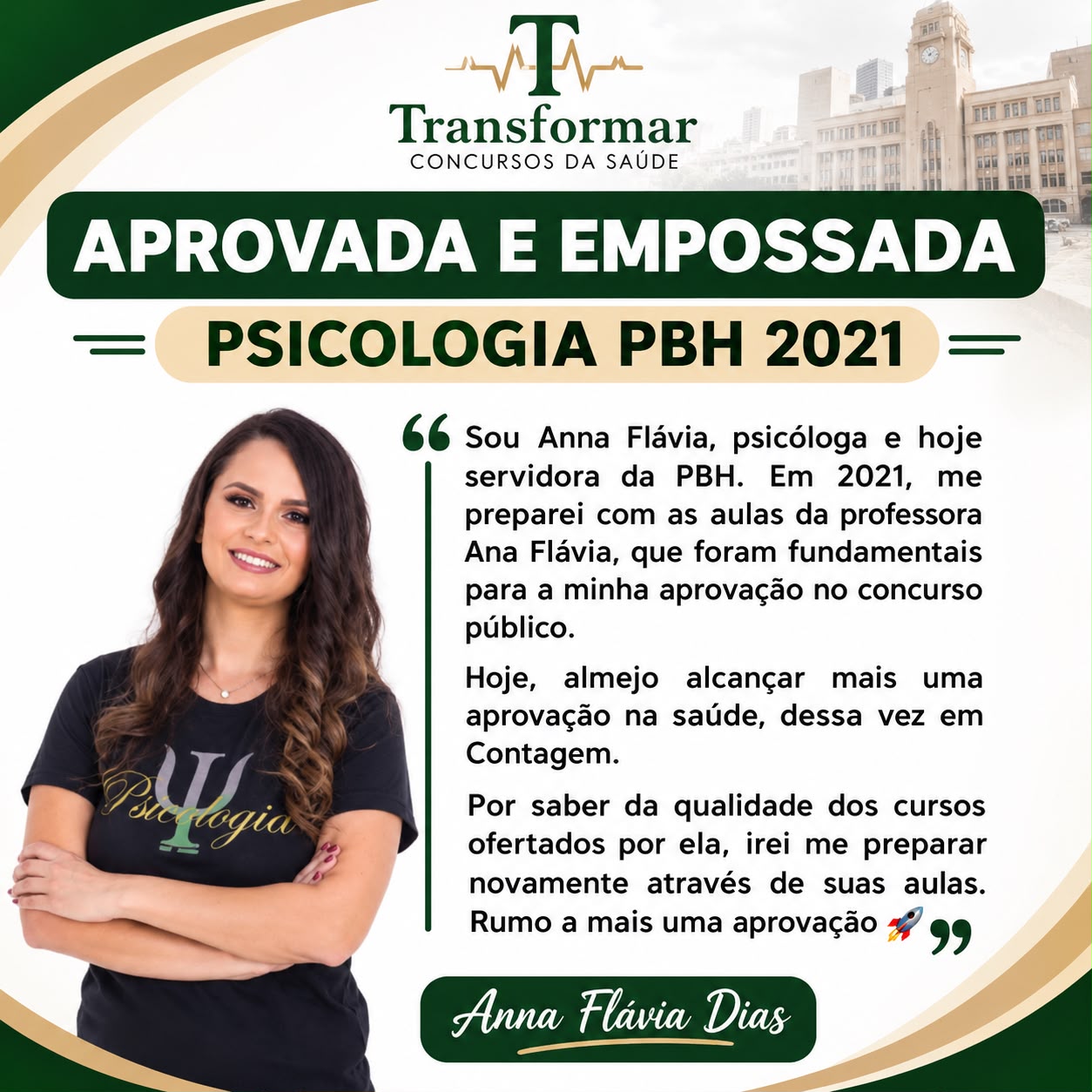 Anna Flávia Dias, aprovada e empossada em Psicologia na Prefeitura de Belo Horizonte em 2021, agora se preparando para Contagem